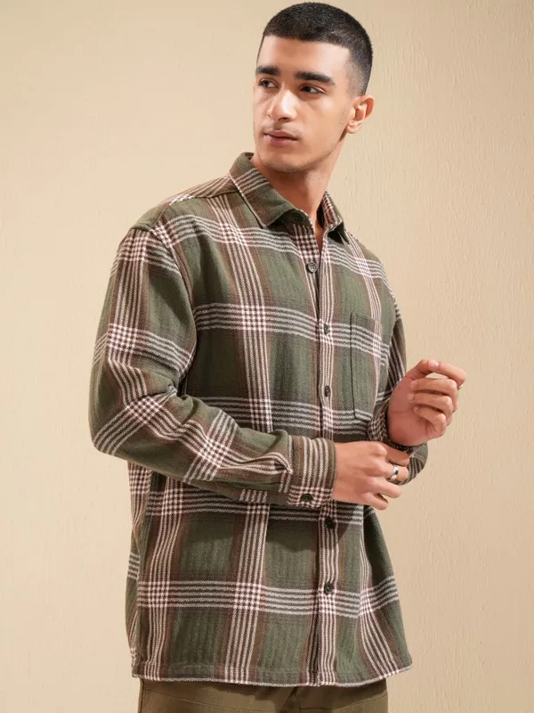 Highlander Men Olive Checked Oversized Fit Casual Shirt