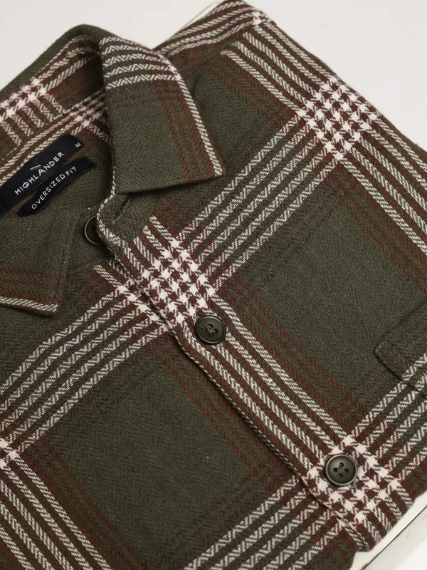 Highlander Men Olive Checked Oversized Fit Casual Shirt