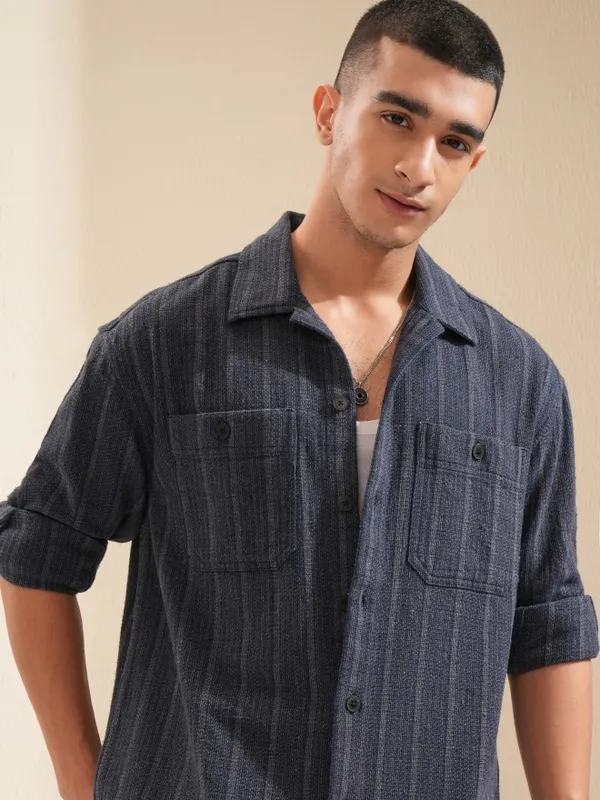 Highlander Men Navy Blue Striped Oversized Fit Casual Shirt