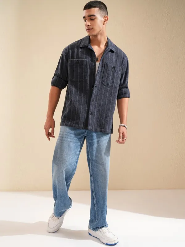Highlander Men Navy Blue Striped Oversized Fit Casual Shirt