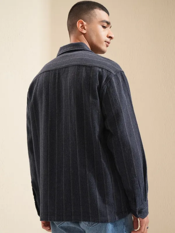 Highlander Men Navy Blue Striped Oversized Fit Casual Shirt