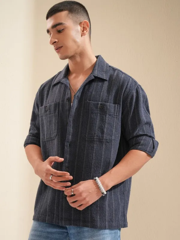 Highlander Men Navy Blue Striped Oversized Fit Casual Shirt
