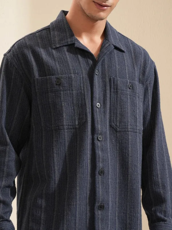 Highlander Men Navy Blue Striped Oversized Fit Casual Shirt