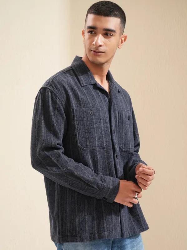 Highlander Men Navy Blue Striped Oversized Fit Casual Shirt
