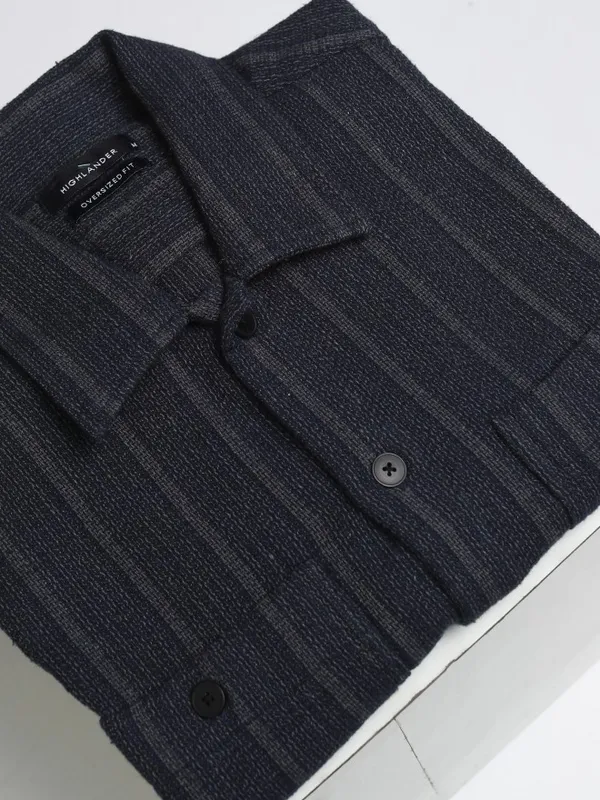 Highlander Men Navy Blue Striped Oversized Fit Casual Shirt