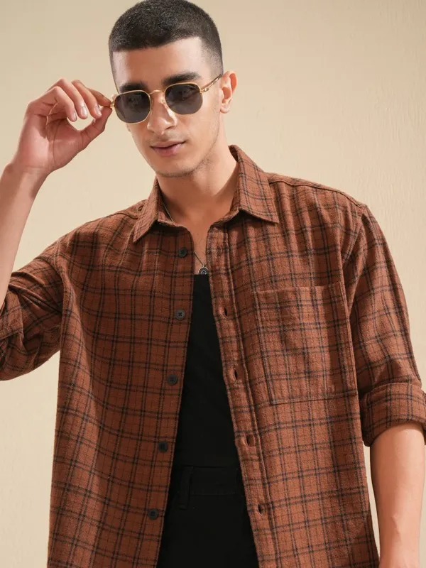 Highlander Men Brown Checked Oversized Fit Casual Shirt
