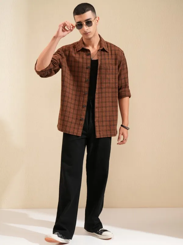 Highlander Men Brown Checked Oversized Fit Casual Shirt