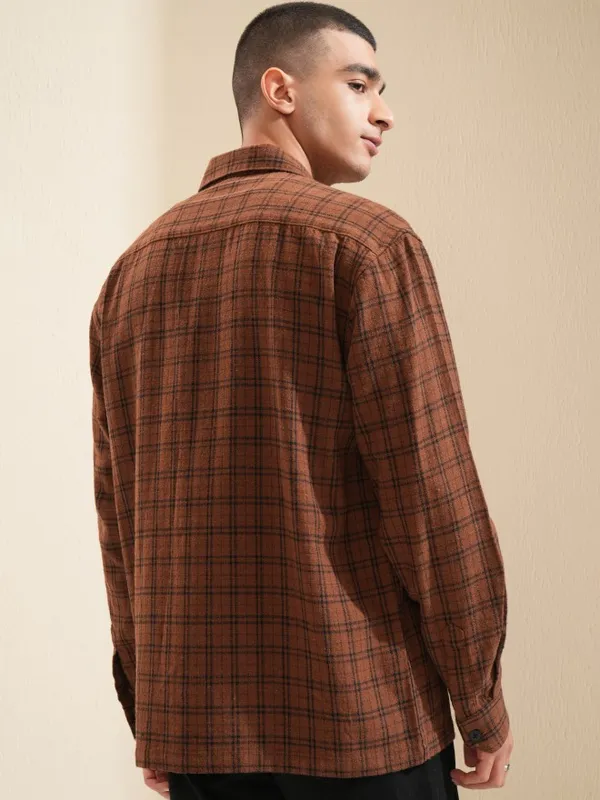 Highlander Men Brown Checked Oversized Fit Casual Shirt