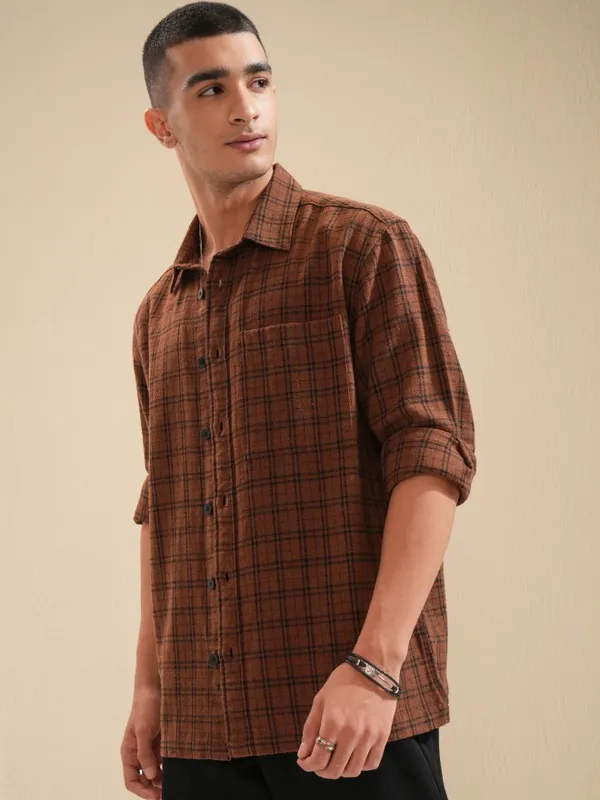 Highlander Men Brown Checked Oversized Fit Casual Shirt