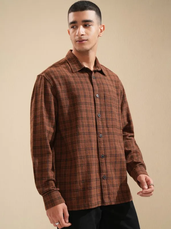 Highlander Men Brown Checked Oversized Fit Casual Shirt