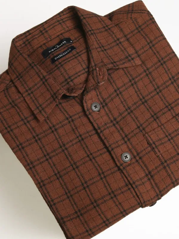Highlander Men Brown Checked Oversized Fit Casual Shirt