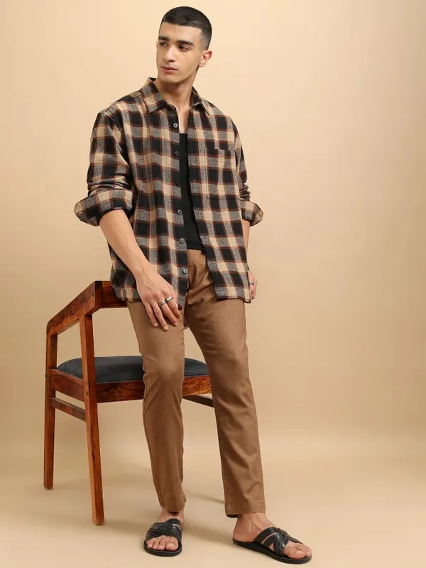 Highlander Men Beige Checked Oversized Fit Casual Shirt