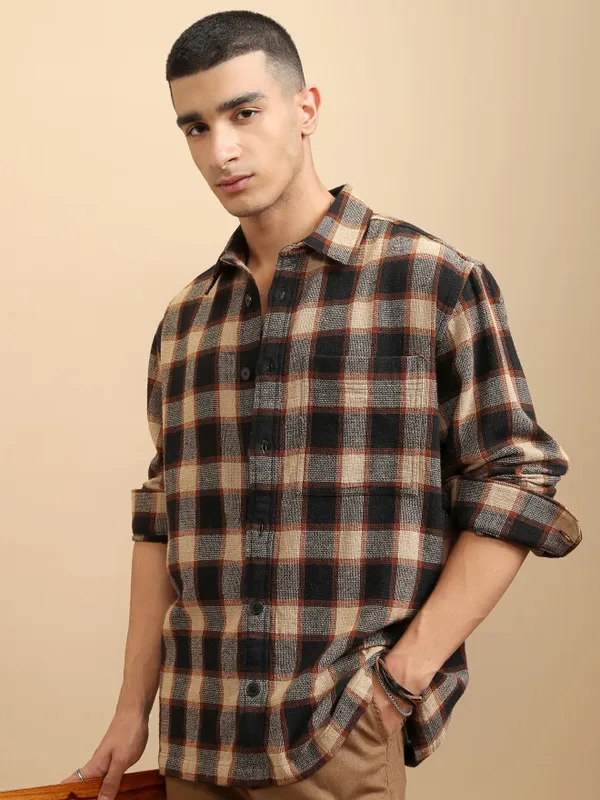 Highlander Men Beige Checked Oversized Fit Casual Shirt