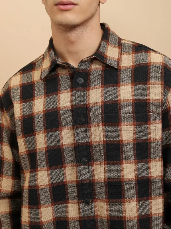 Highlander Men Beige Checked Oversized Fit Casual Shirt