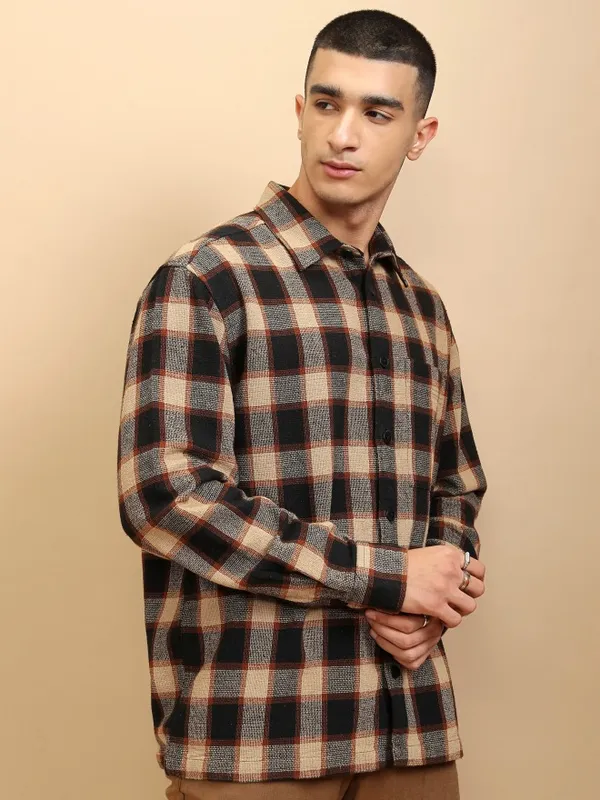 Highlander Men Beige Checked Oversized Fit Casual Shirt
