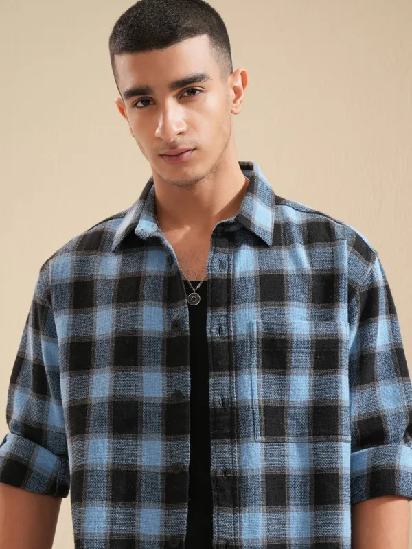 Highlander Men Blue Checked Oversized Fit Casual Shirt
