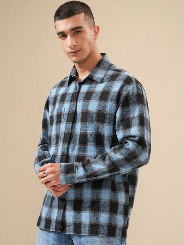Highlander Men Blue Checked Oversized Fit Casual Shirt