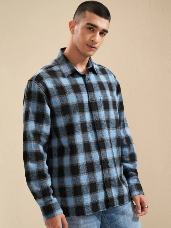 Highlander Men Blue Checked Oversized Fit Casual Shirt