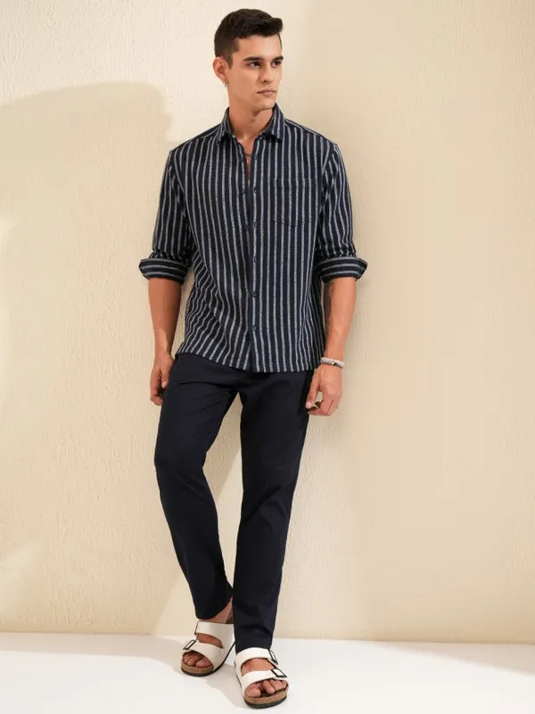 Highlander Men Navy Blue Striped Relaxed Fit Casual Shirt
