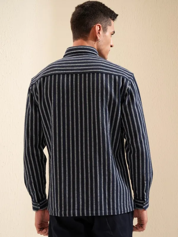 Highlander Men Navy Blue Striped Relaxed Fit Casual Shirt