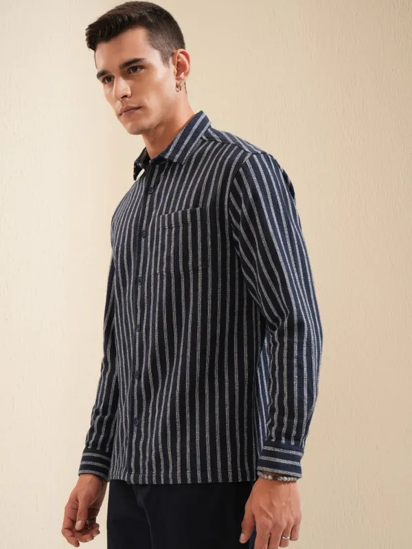 Highlander Men Navy Blue Striped Relaxed Fit Casual Shirt