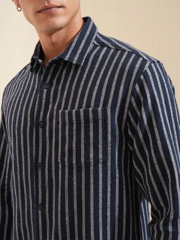 Highlander Men Navy Blue Striped Relaxed Fit Casual Shirt