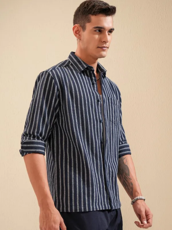 Highlander Men Navy Blue Striped Relaxed Fit Casual Shirt