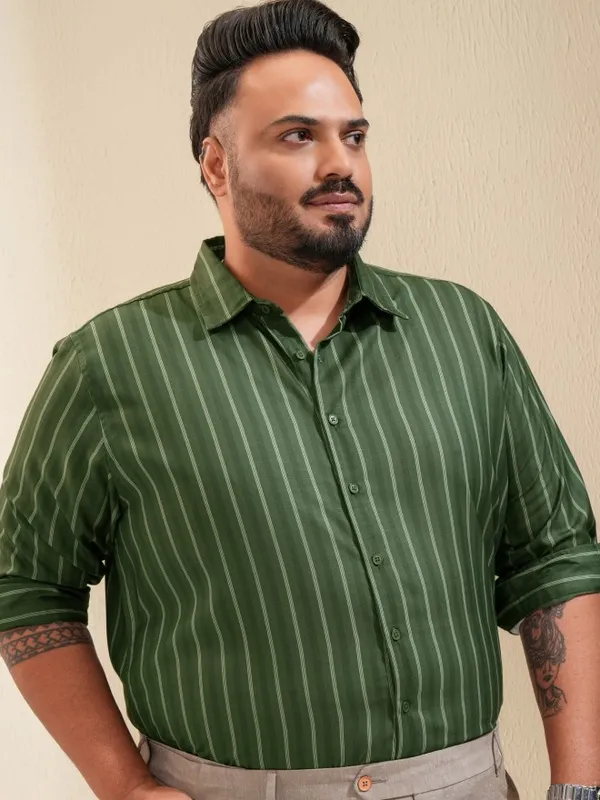 Xtra Ordinary By Highlander Men Olive Striped Regular Fit Casual Shirt