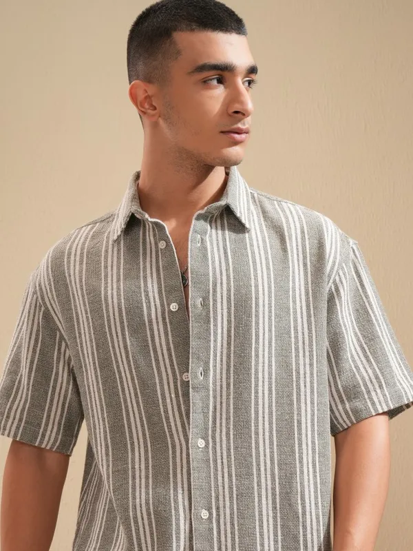 Highlander Men Olive Striped Oversized Fit Casual Shirt