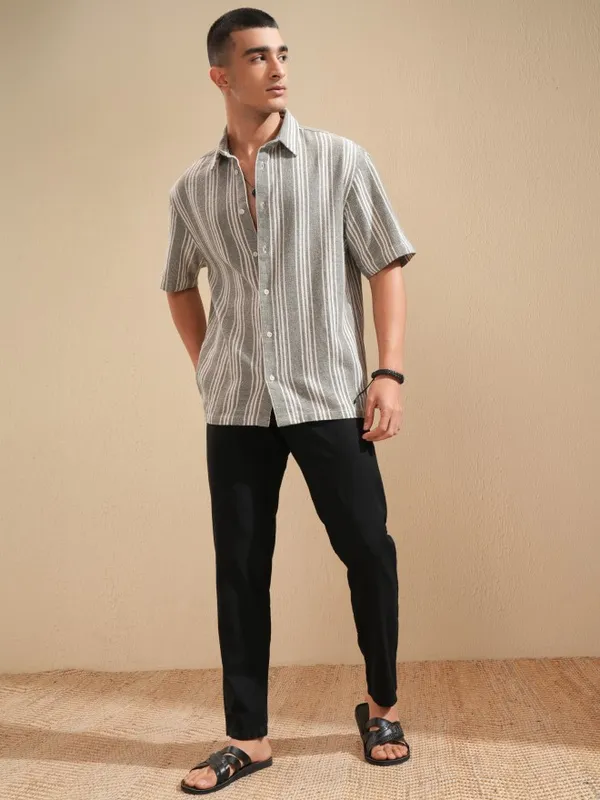 Highlander Men Olive Striped Oversized Fit Casual Shirt