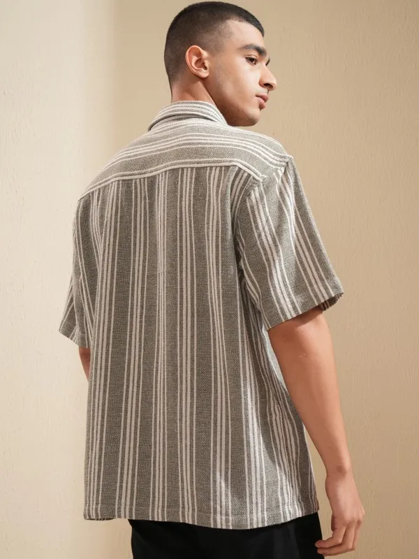 Highlander Men Olive Striped Oversized Fit Casual Shirt