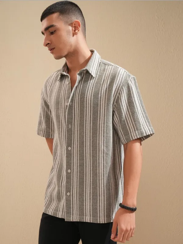 Highlander Men Olive Striped Oversized Fit Casual Shirt
