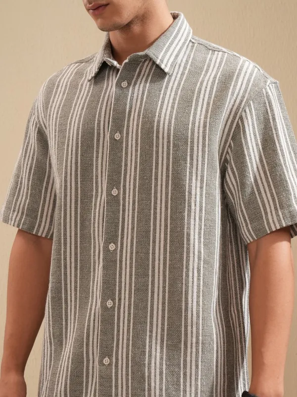 Highlander Men Olive Striped Oversized Fit Casual Shirt