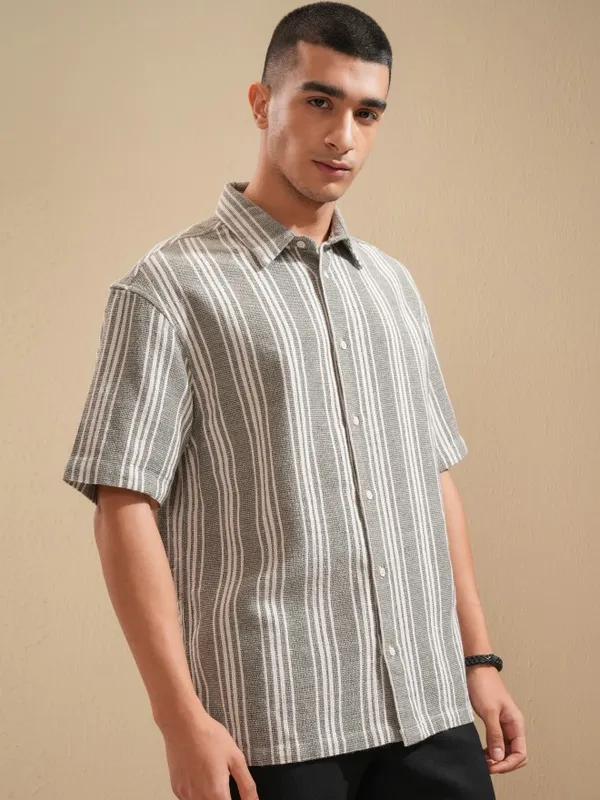 Highlander Men Olive Striped Oversized Fit Casual Shirt