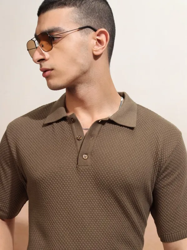 Highlander Men Brown Self Design Polo Collar T-Shirt