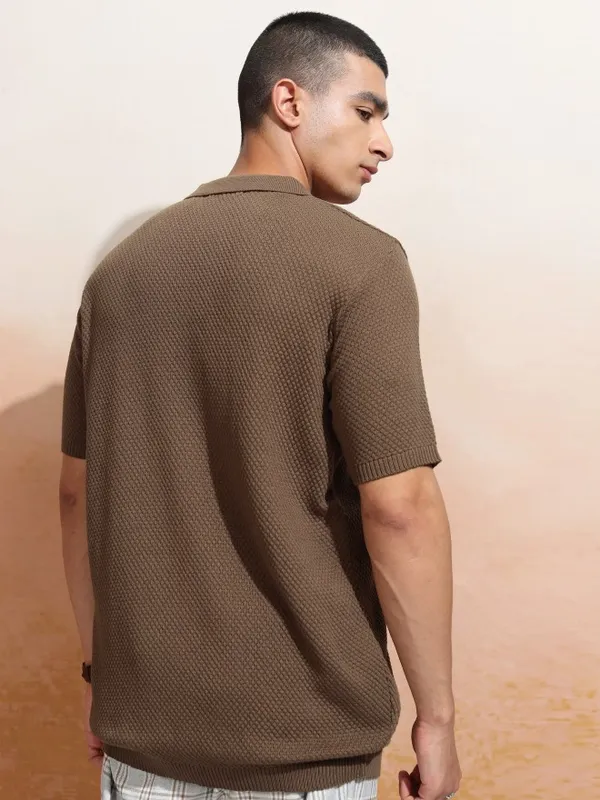 Highlander Men Brown Self Design Polo Collar T-Shirt