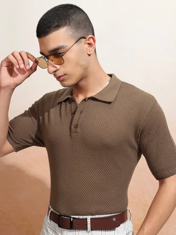 Highlander Men Brown Self Design Polo Collar T-Shirt