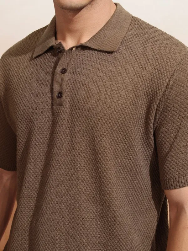 Highlander Men Brown Self Design Polo Collar T-Shirt