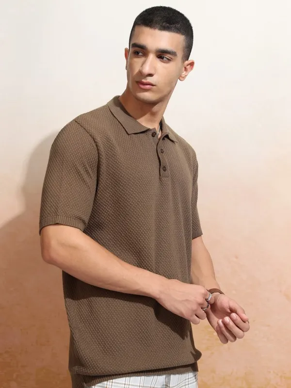 Highlander Men Brown Self Design Polo Collar T-Shirt