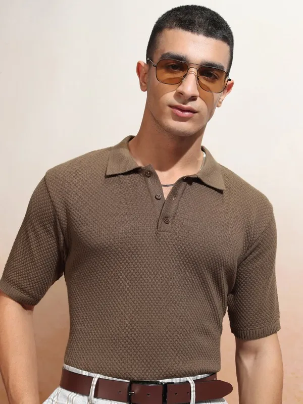 Highlander Men Brown Self Design Polo Collar T-Shirt