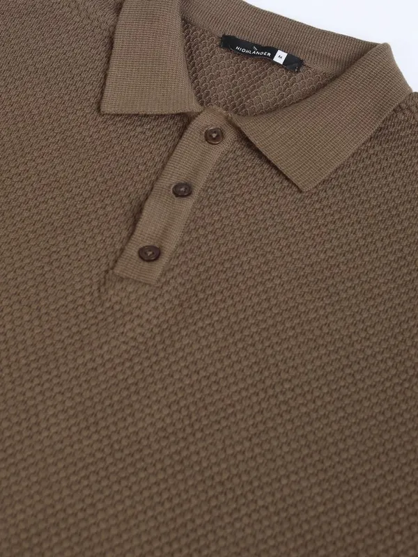 Highlander Men Brown Self Design Polo Collar T-Shirt