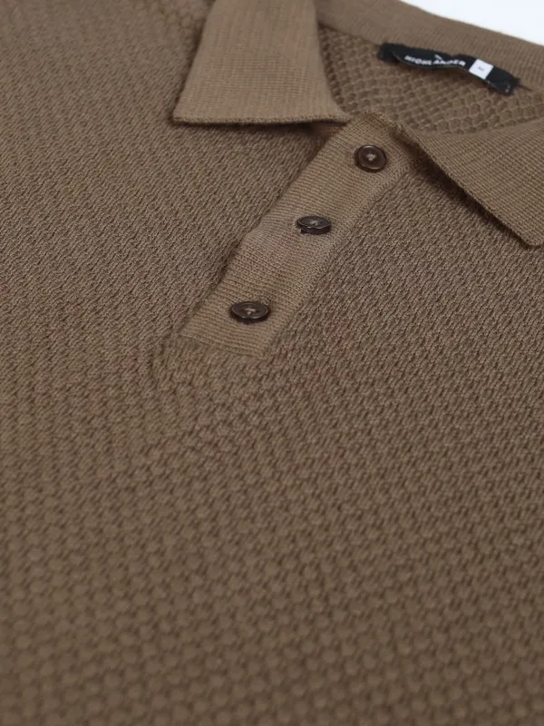 Highlander Men Brown Self Design Polo Collar T-Shirt