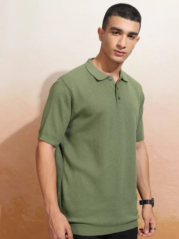Highlander Men Olive Solid Polo Collar T-Shirt