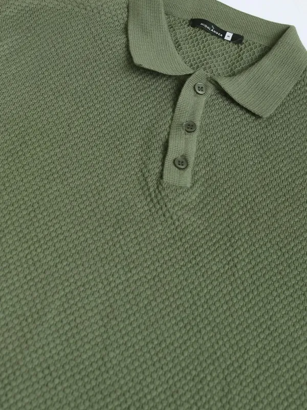 Highlander Men Olive Solid Polo Collar T-Shirt