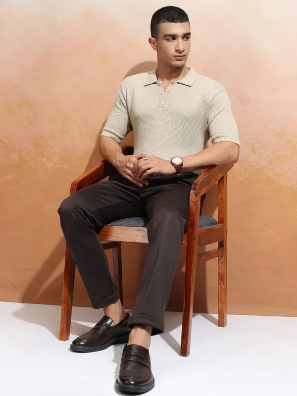 Highlander Men Beige Self Design Polo Collar T-Shirt