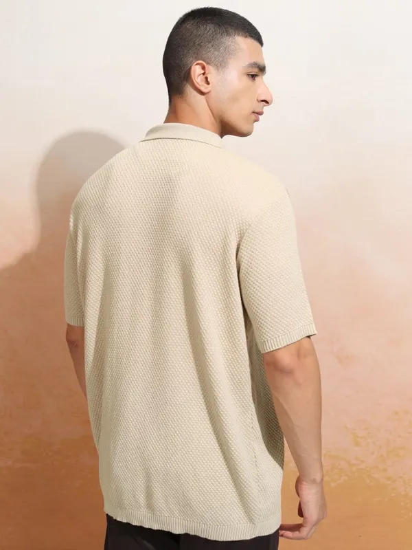 Highlander Men Beige Self Design Polo Collar T-Shirt