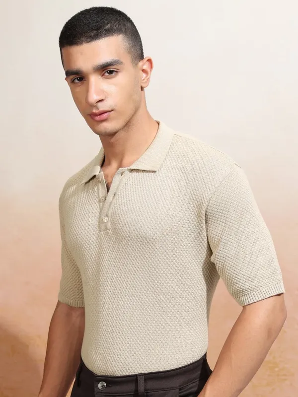 Highlander Men Beige Self Design Polo Collar T-Shirt
