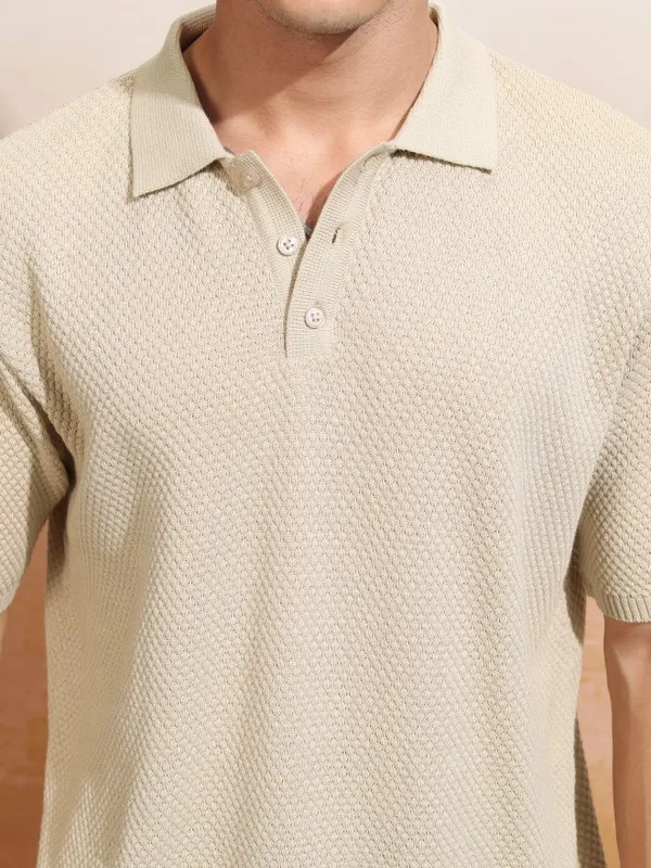 Highlander Men Beige Self Design Polo Collar T-Shirt
