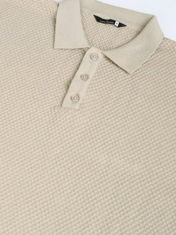 Highlander Men Beige Self Design Polo Collar T-Shirt