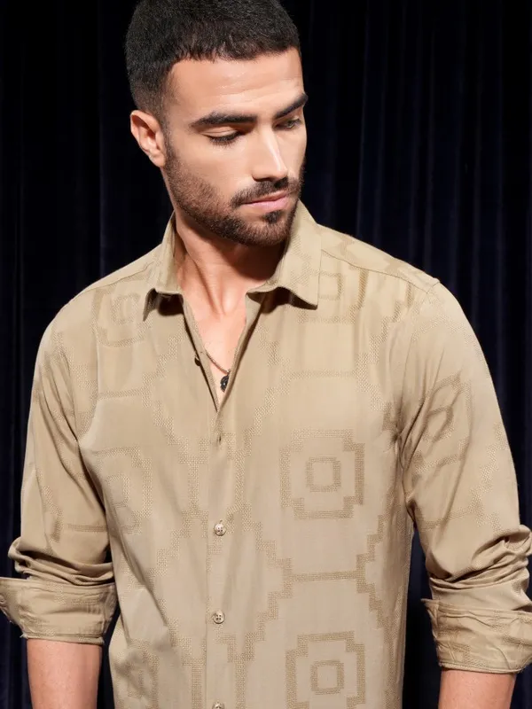 Locomotive Men Khaki Printed Slim Fit Casual Shirt